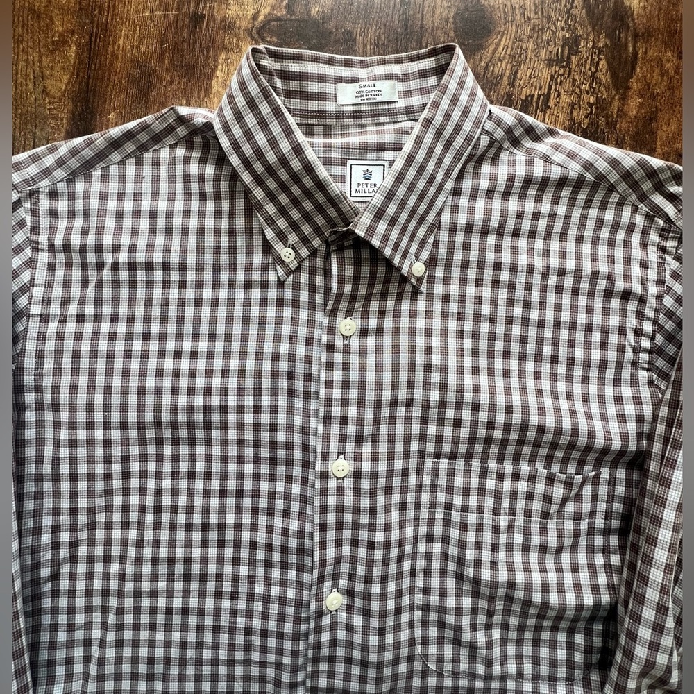 Peter Millar Button Down Shirt Brown & White Check 100% Cotton Size Small